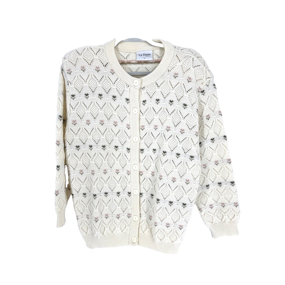 La Dame Australia Cardigan Jumper‎ Large Ivory Floral Embroidery Grandpacore VTG